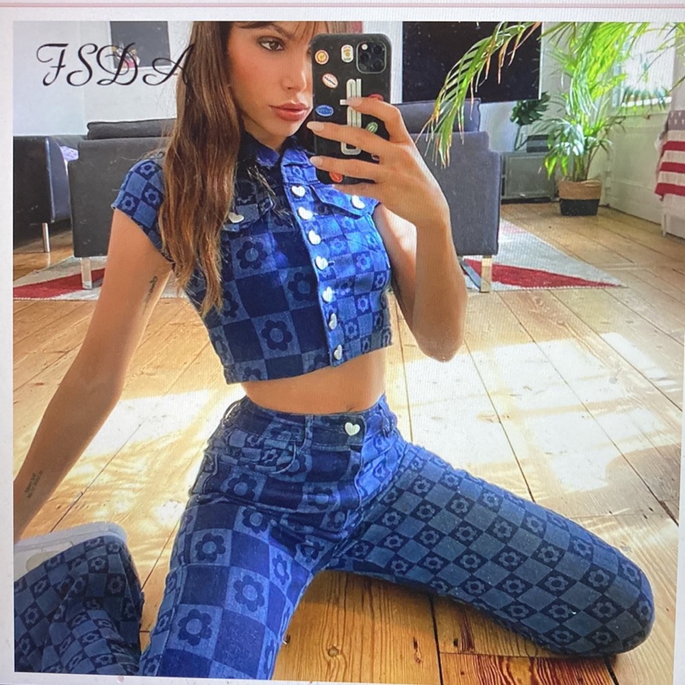 heart buttons Flower floral print pants blue Jean set